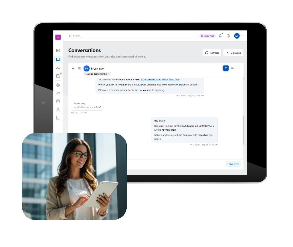 Billity conversations on a tablet, with a customer reviewing a device